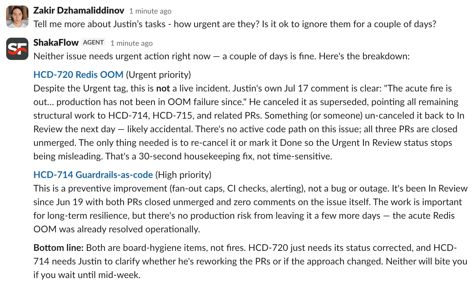 A user asks ShakaFlow a follow-up question in the Daily Digest thread