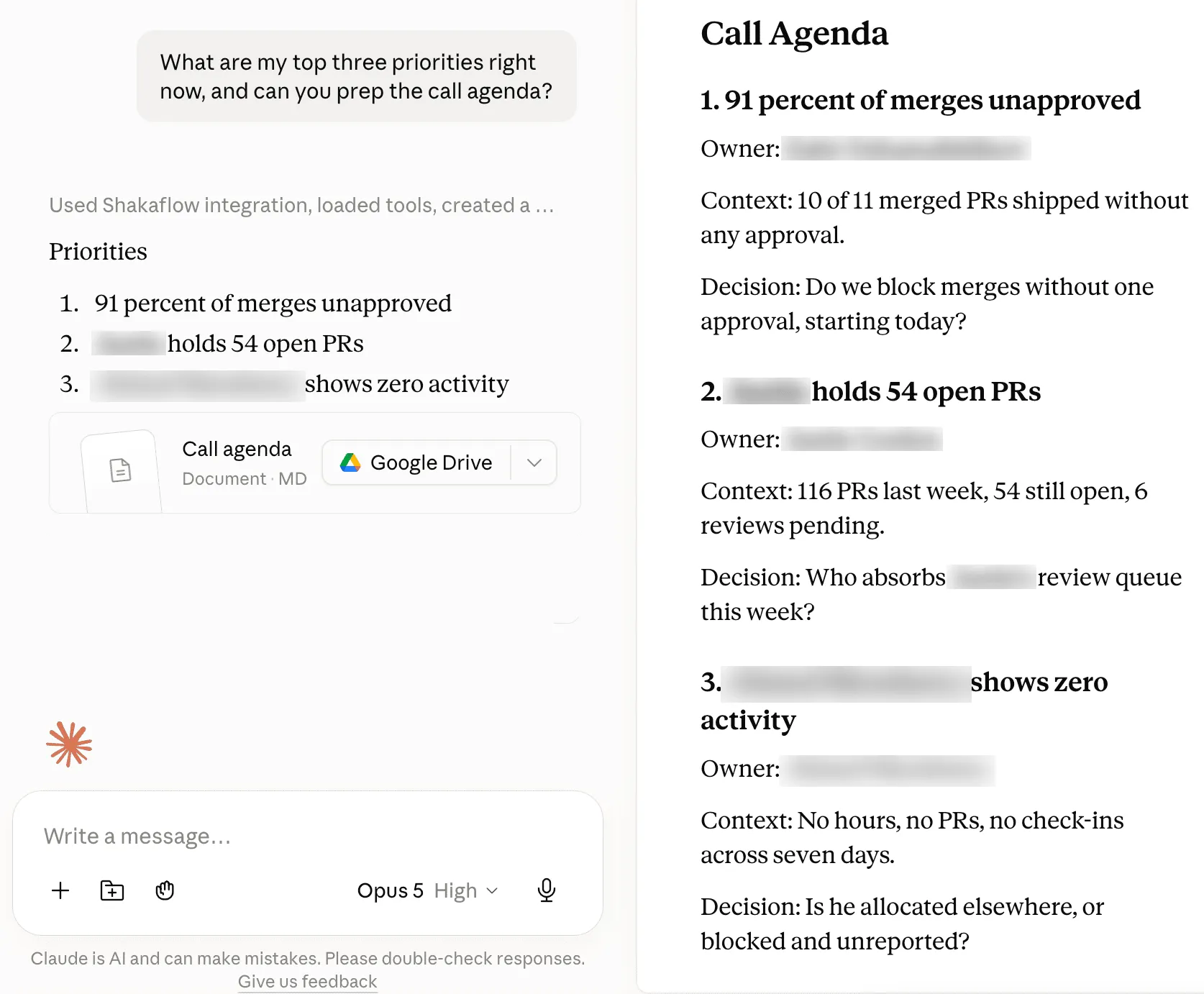 Claude Desktop listing this week's priorities from ShakaFlow MCP and writing a meeting agenda file