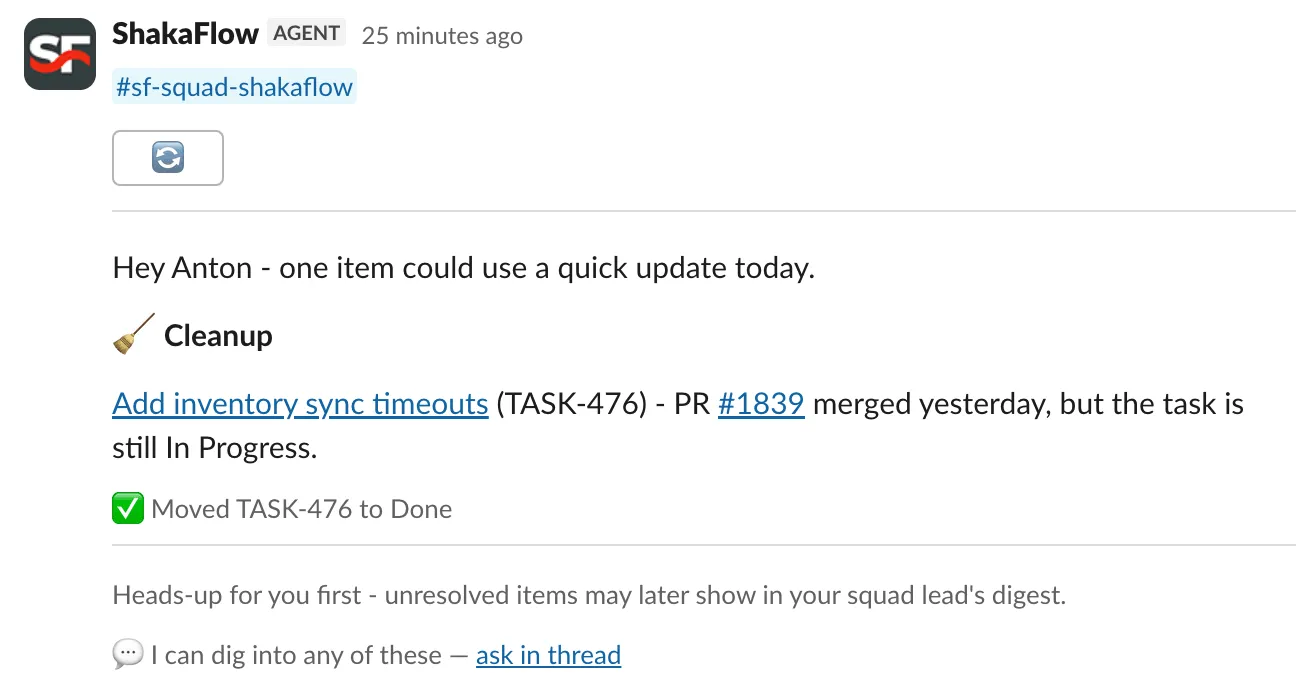 The same heads-up after approval, showing the task was moved to Done