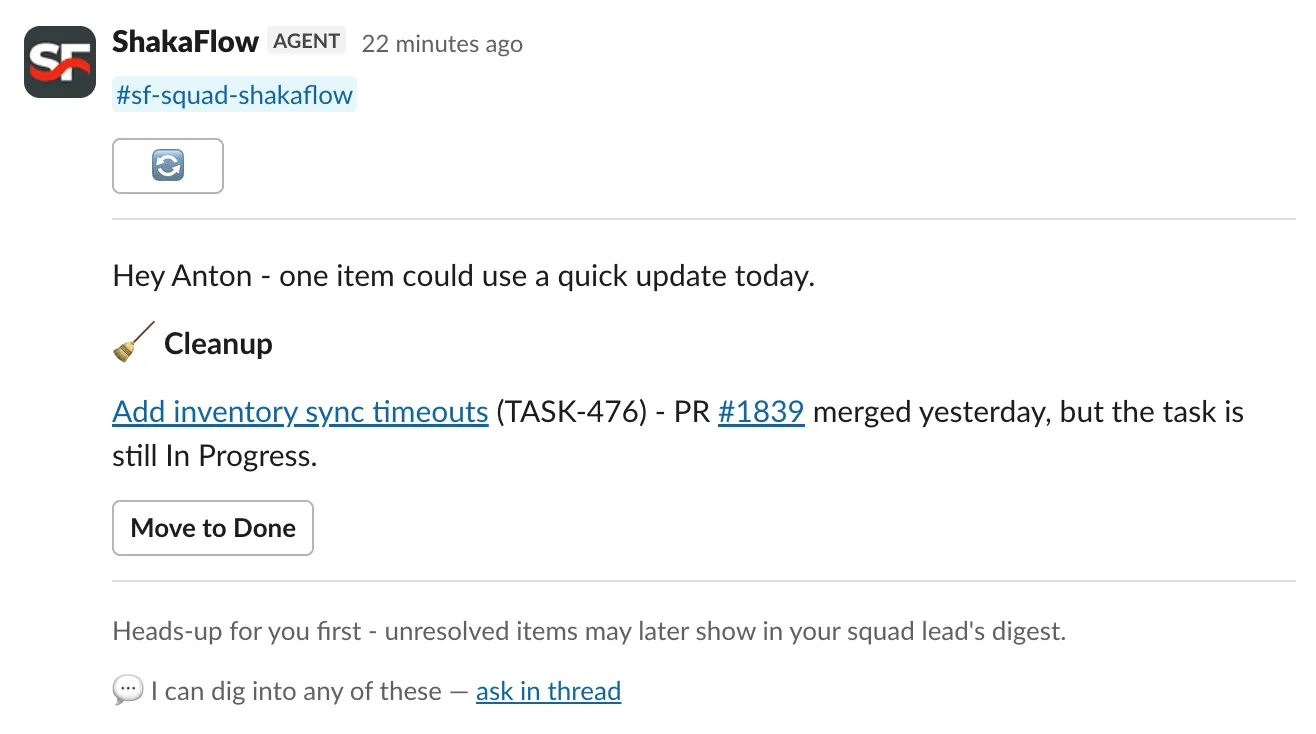 A ShakaFlow heads-up telling Anton his merged task is still In Progress, with a Move to Done button
