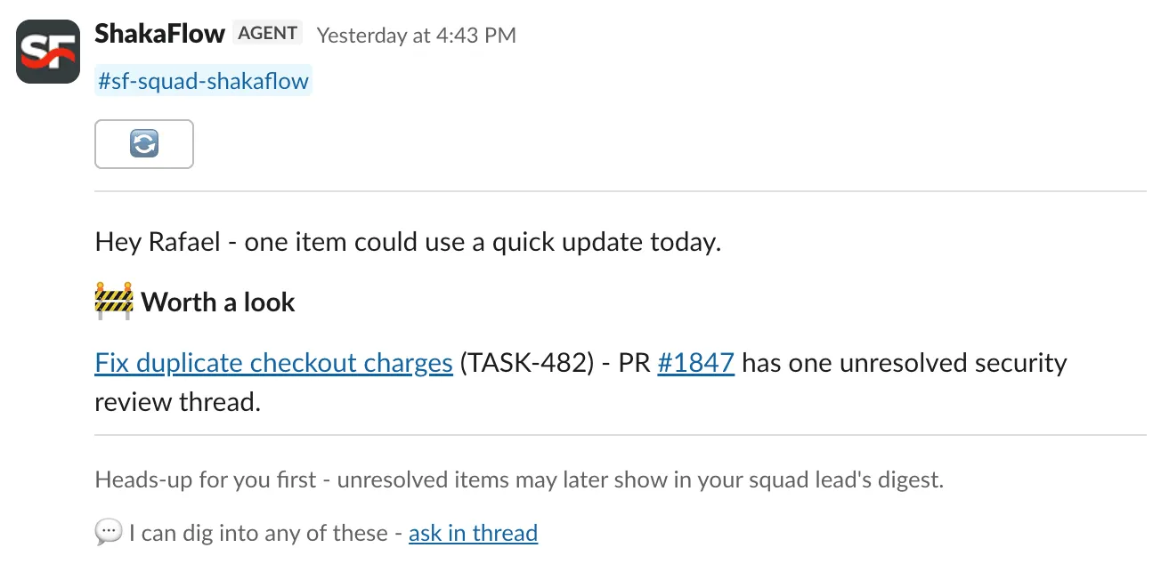 A private ShakaFlow Slack suggestion telling Rafael about one unresolved review thread