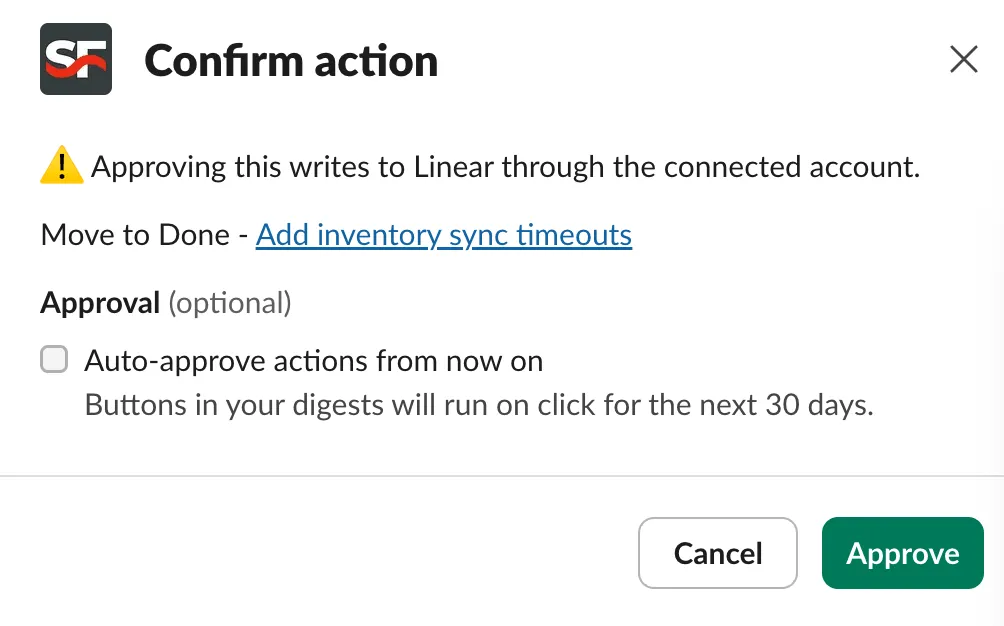 A Slack confirmation dialog listing the tracker change before it is approved