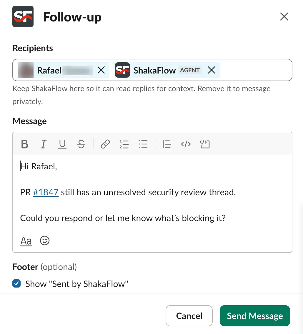 An editable follow-up message ready to send from ShakaFlow