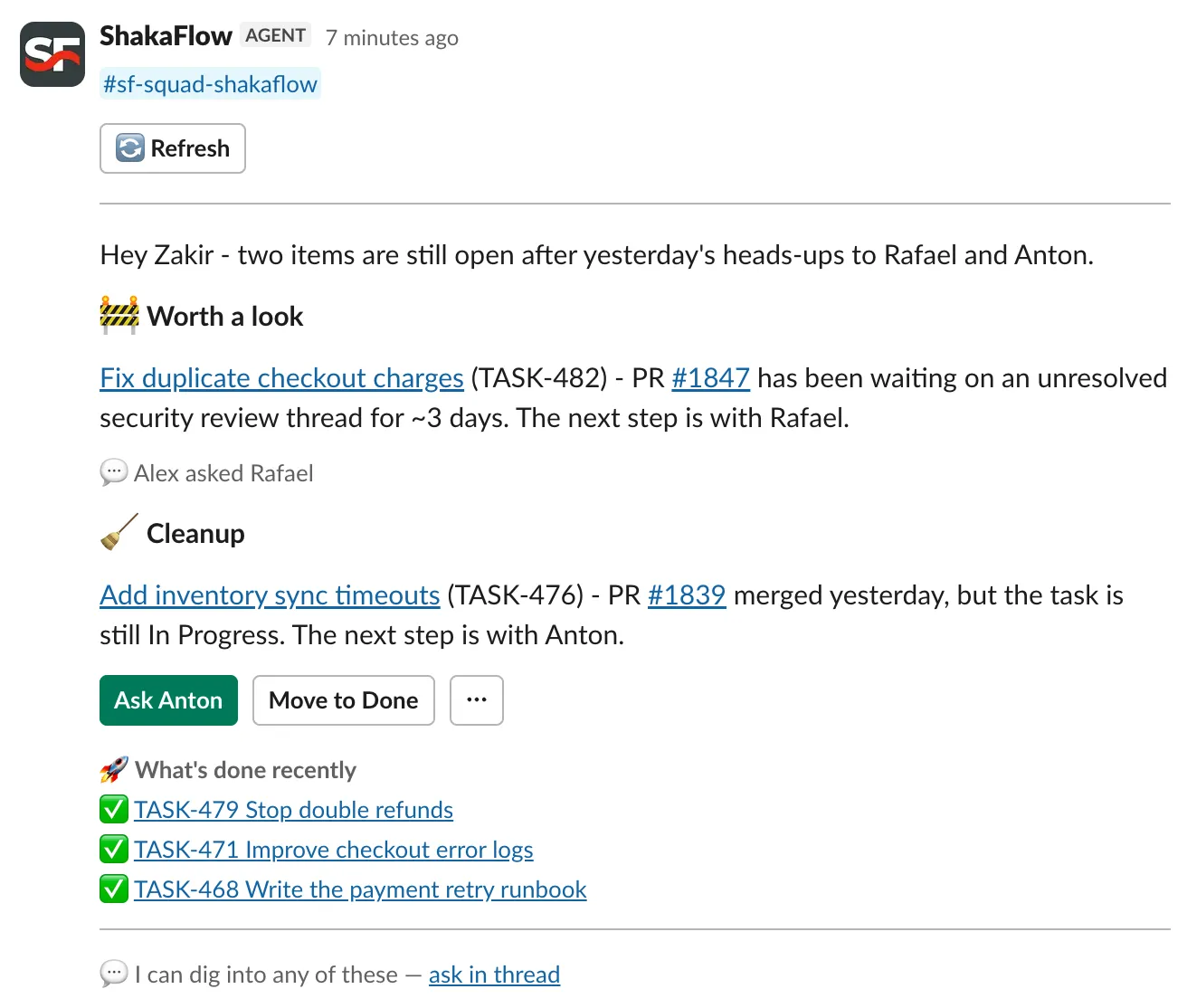 Zakir's Team Anomalies message showing Alex asked Rafael beneath the same checkout task