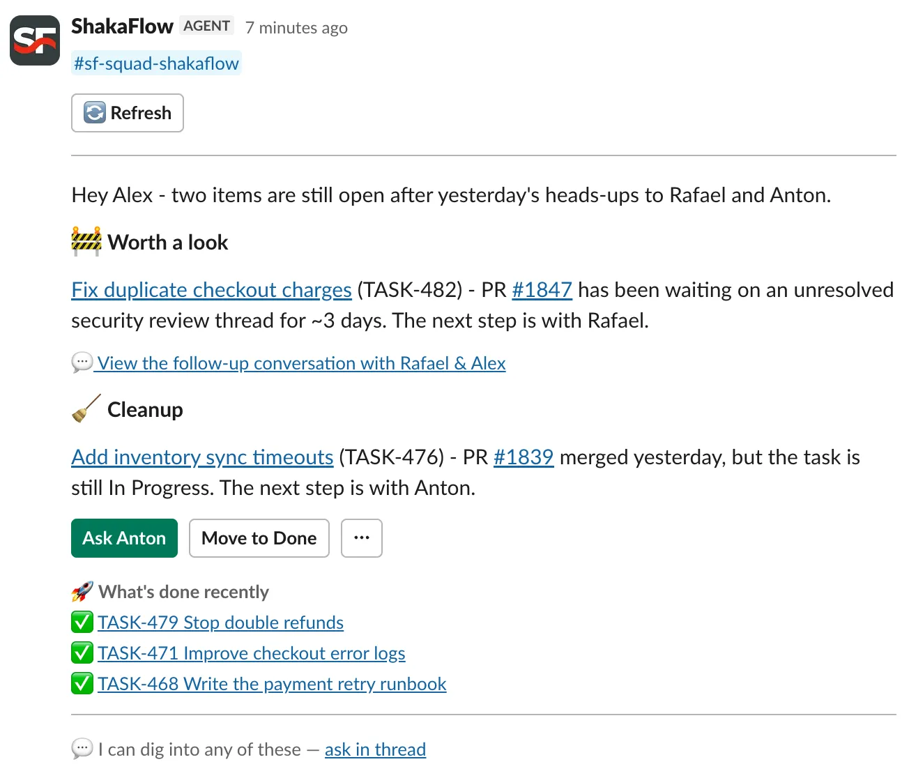 Alex's Team Anomalies message with a link to the follow-up conversation with Rafael and Alex