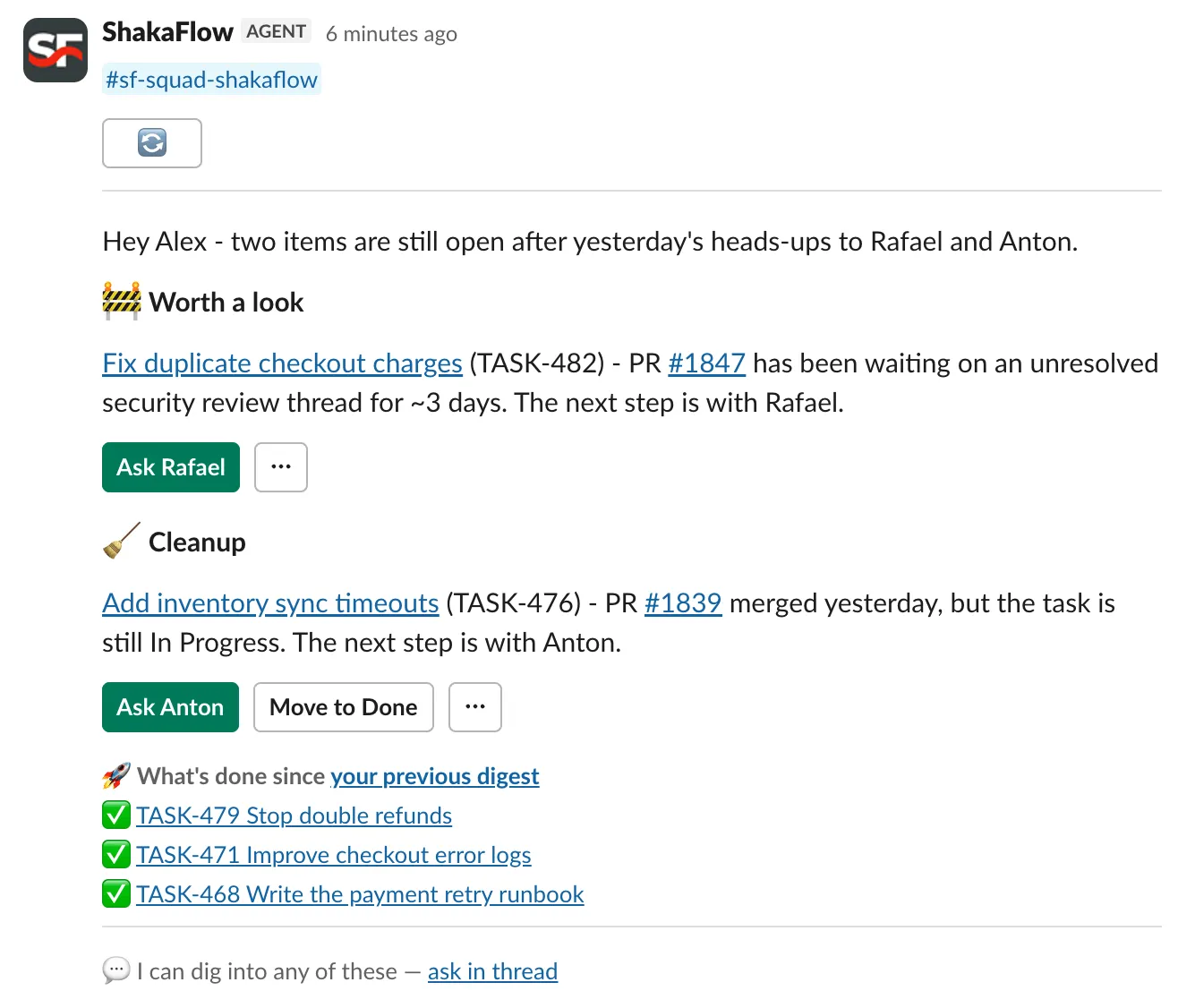 A Team Anomalies Slack message with an Ask Rafael follow-up, and an Ask Anton follow-up beside a Move to Done button that fixes the stale task