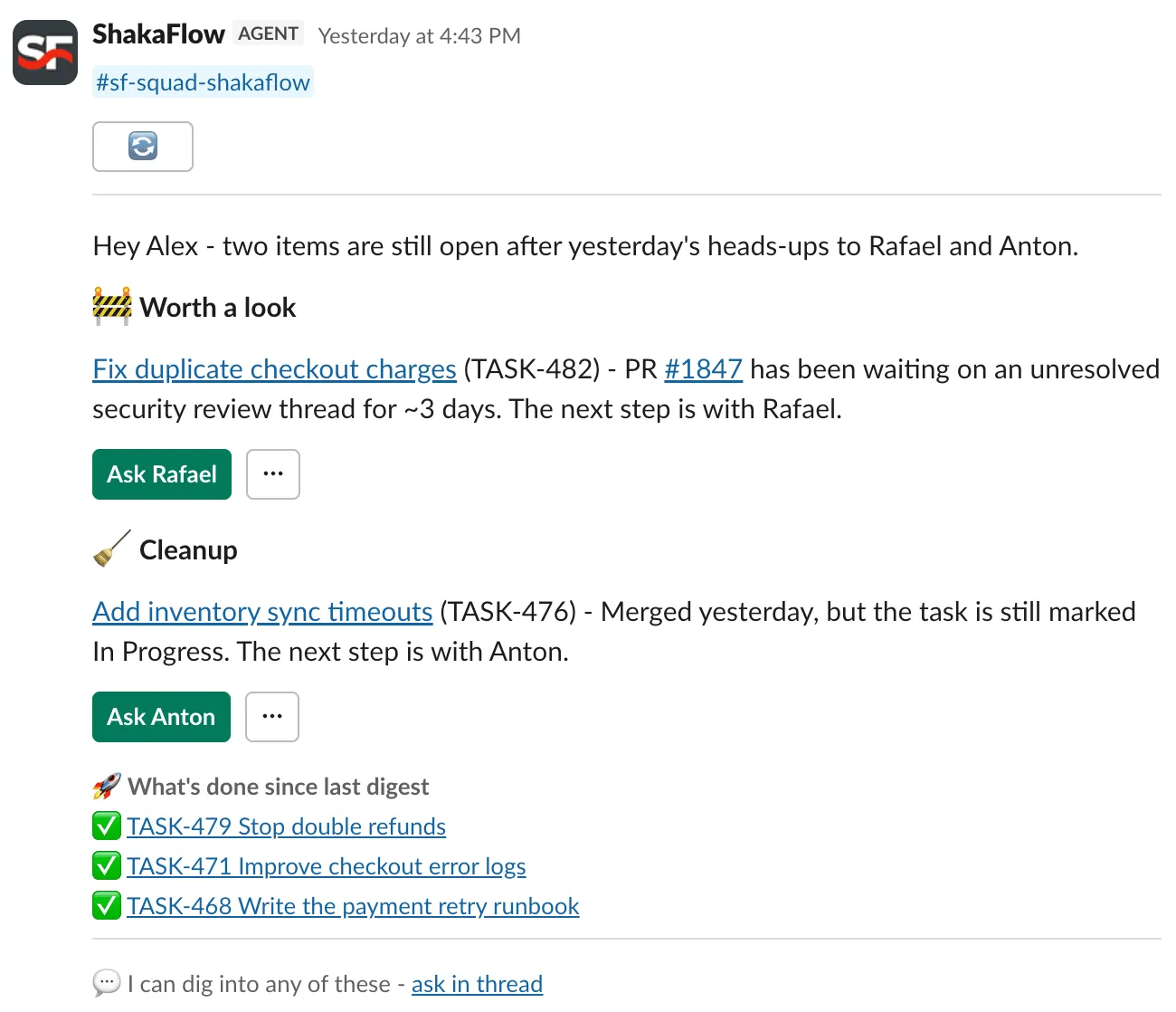 A Team Anomalies Slack message with separate follow-up actions for Rafael and Anton